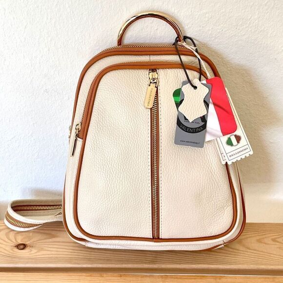 NWT Valentina Genuine Ivory & Tan Pebble Italian Leather Convertible Backpack main image 6